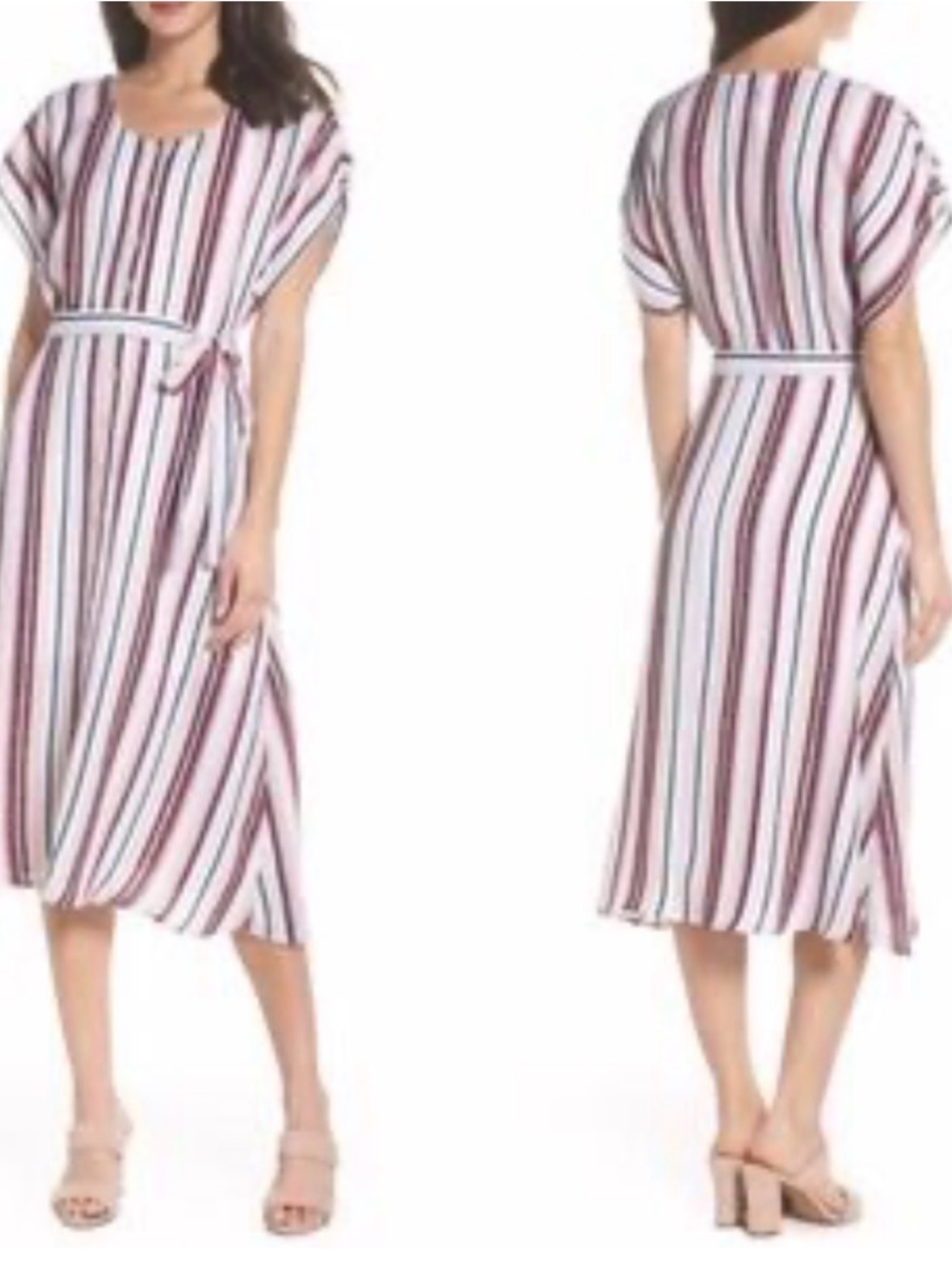 Charles Henry White, Blue, and Pink Striped Tie-Waist Midi Dress